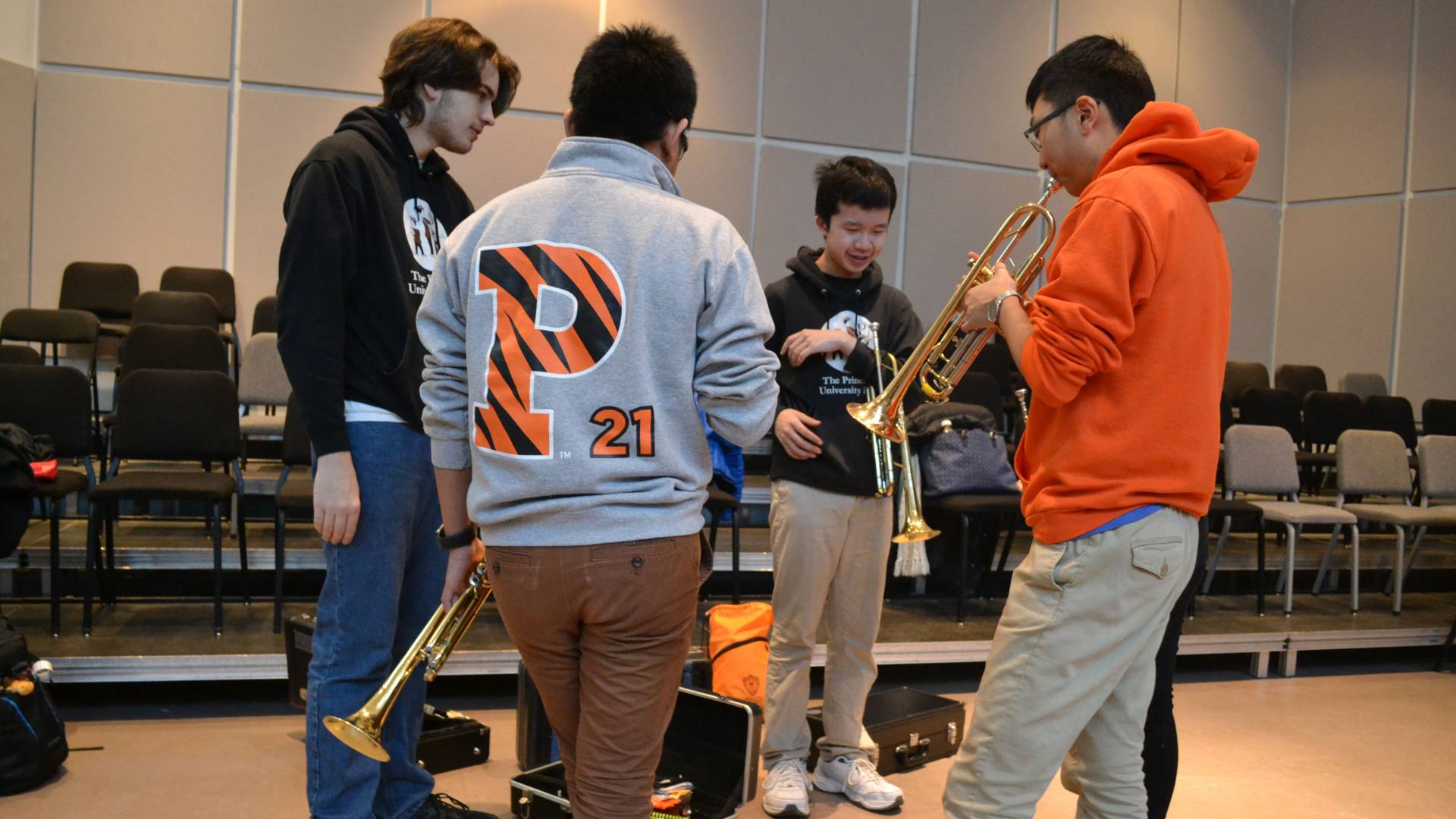 Students with wind instruments during Learn to Play an Instrument with the Band class