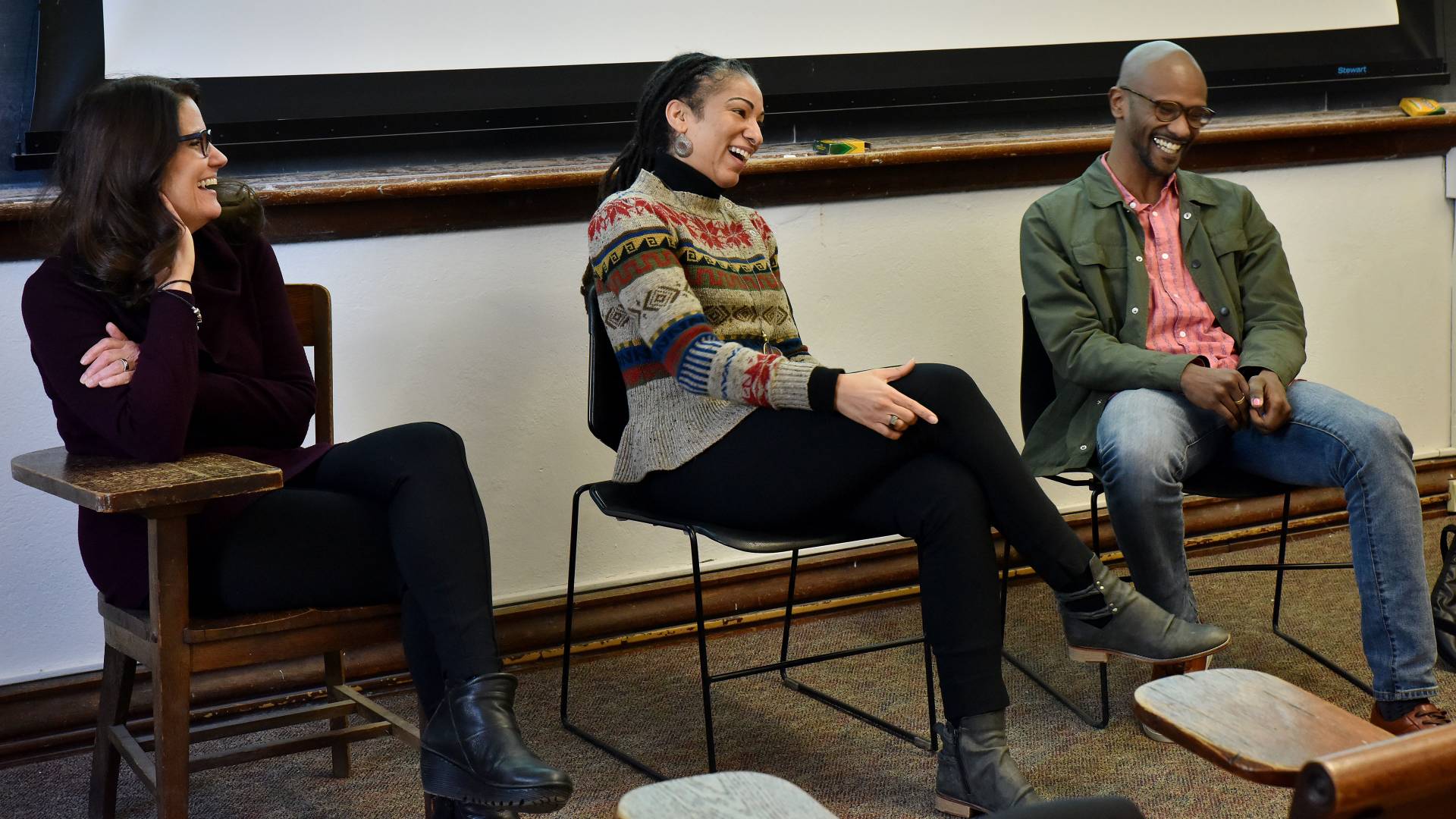 Susanne Killian, Ruha Benjamin and Sama Ahmed speaking to students during Wintersession class