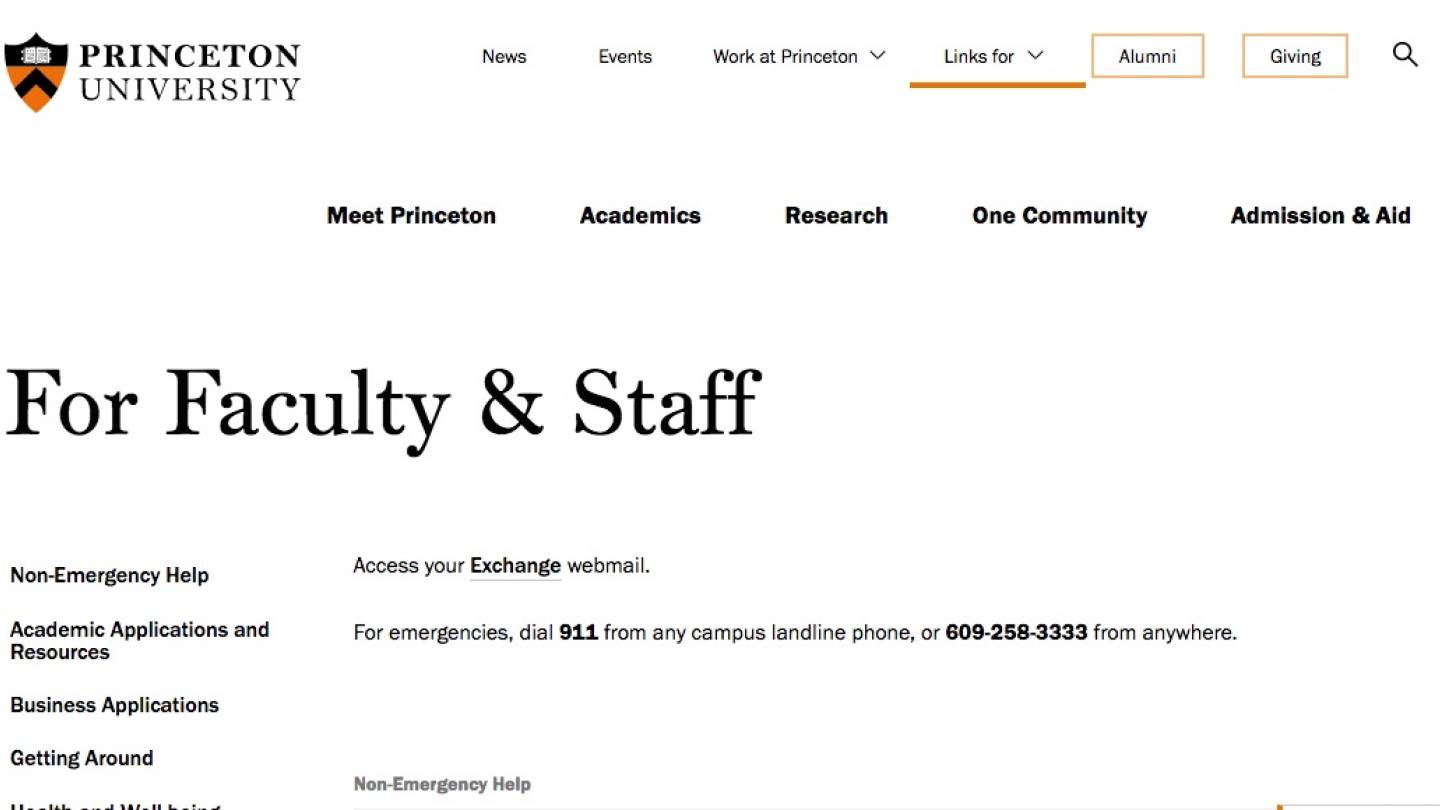 Screenshot showing new Princeton Faculty & Staff landing page
