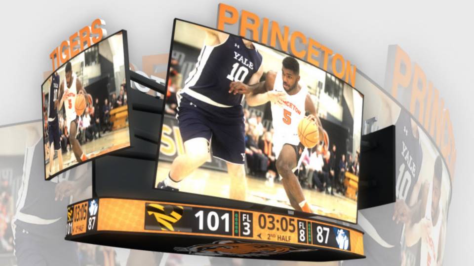 Illustration of video board above basketball court at Jadwin Gym