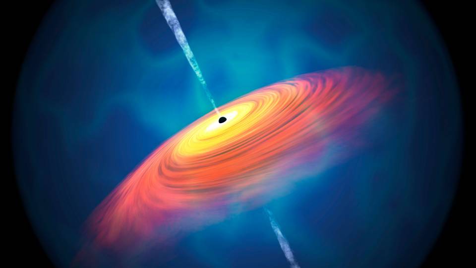 An artist impression of a quasar: A red and orange swirl on a blue background