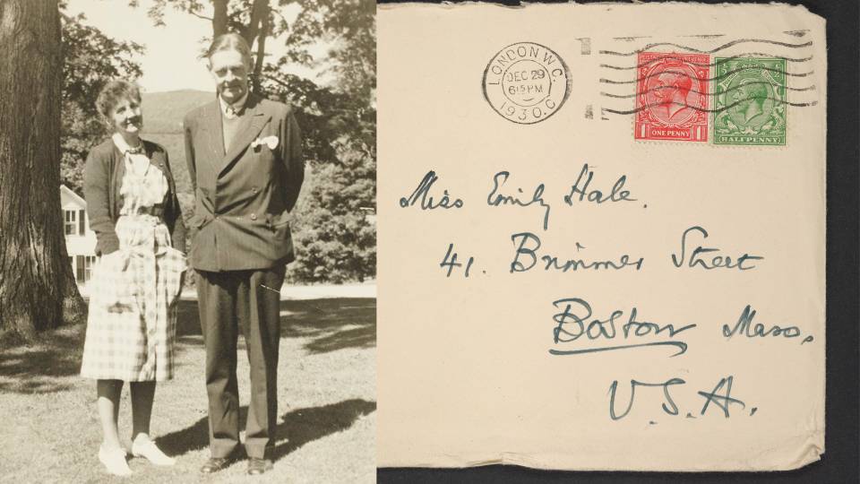 Archival photo of T.S. Eliot and Emily Hale and a digitized envelope addressed to Emily Hale