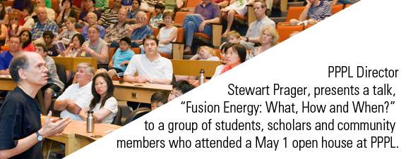 PPPL Director Stewart Prager, presents a talk,  “Fusion Energy: What, How and When?”  to a group of students, scholars and community  members who attended a May 1 open house at PPPL.