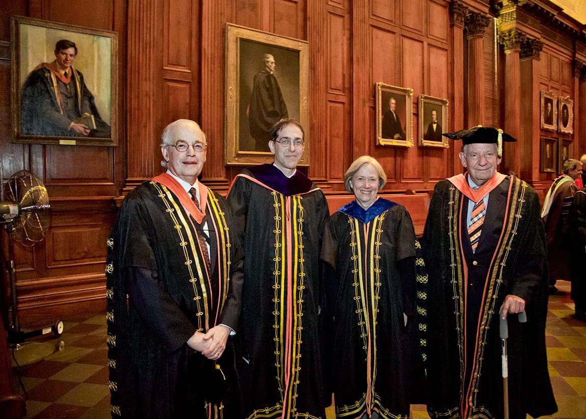 Princeton presidents Harold T. Shapiro (1988-2001), Christopher L. Eisgruber (2013-present), Shirley M. Tilghman (2001-2013) and William G. Bowen (1972-1988) gather before Eisgruber's installation as president in 2013. 