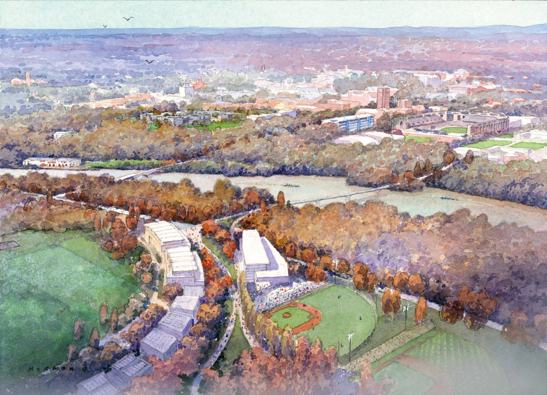 Watercolor of aerial view of land south of Lake Carnegie