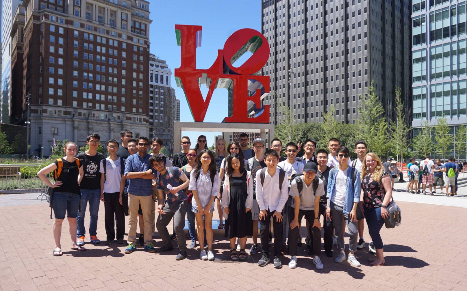 International students standing in front of LOVE statue in Philadelphia