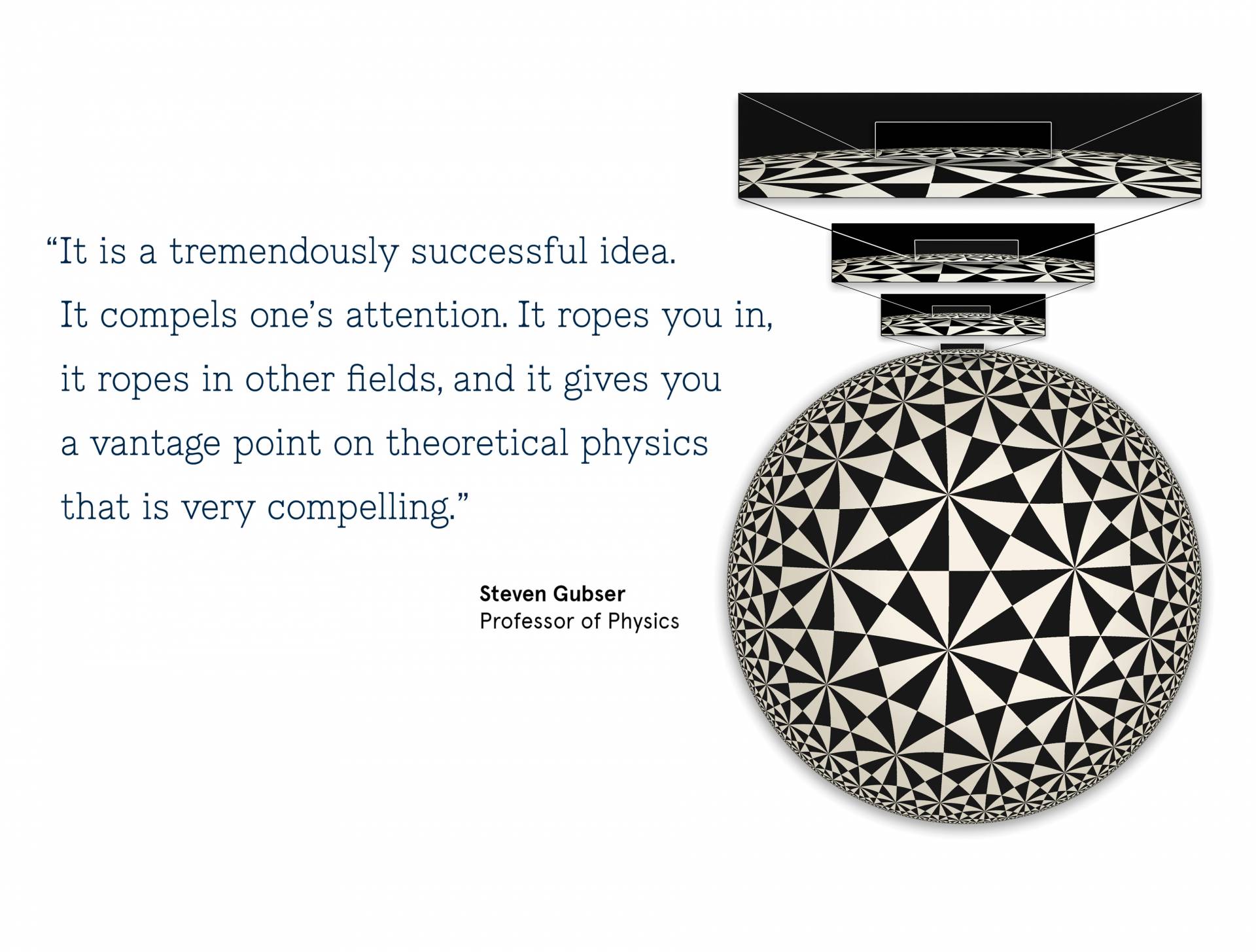 Conceptual art with a quote from Steven Gubser, Professor of Physics: “It is a tremendously successful idea. It compels one’s attention. It ropes you in,  	it ropes in other fields, and it gives you a vantage point on theoretical physics that is very compelling.” 
