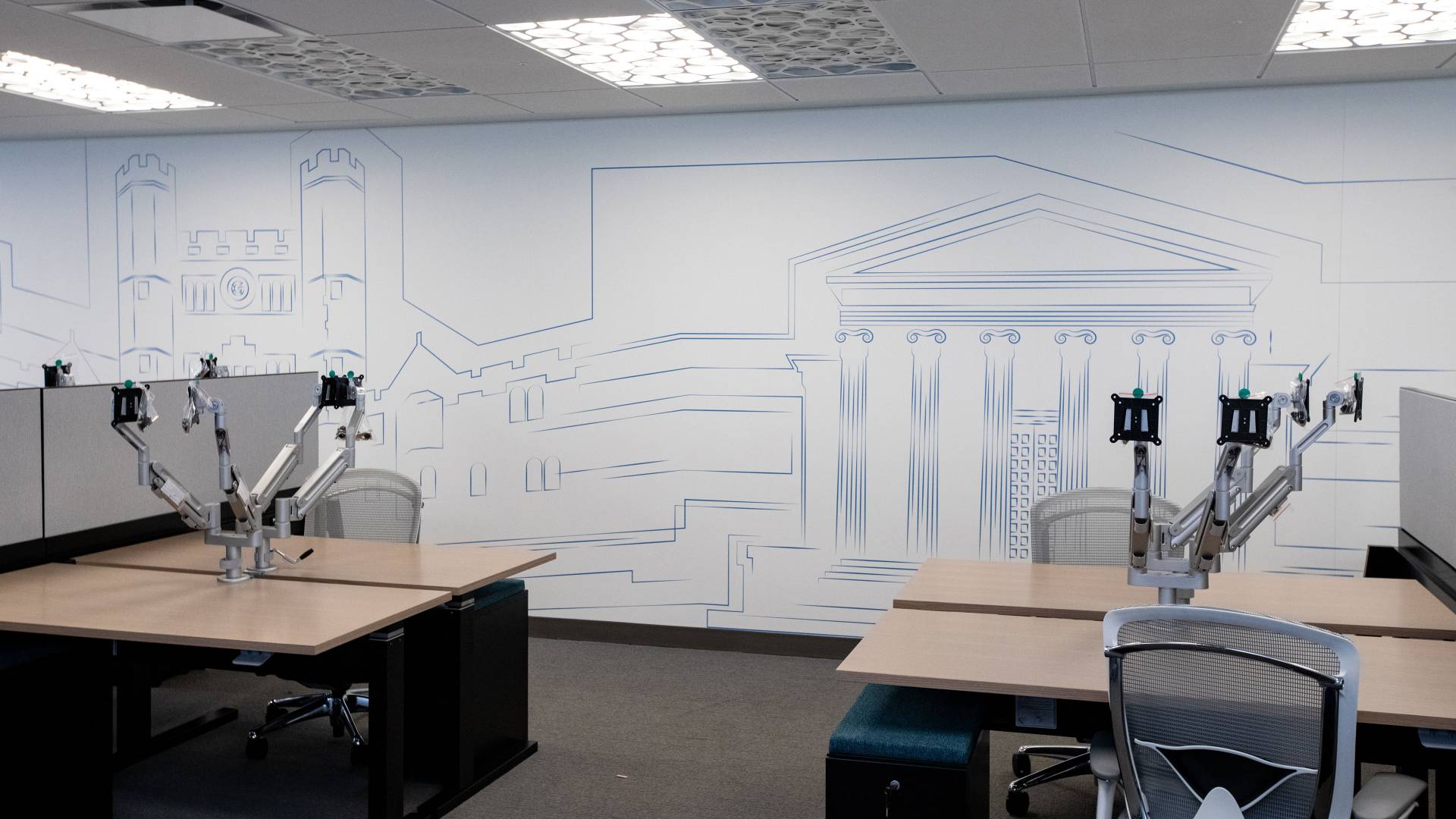 Office space with drawing of Blair Arch and Whig Clio on wall