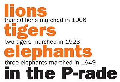 Lions tigers elephants marched in the P-rade Trained lions marched in 1906 Two tigers marched in 1923 Three elephants marched in 1949