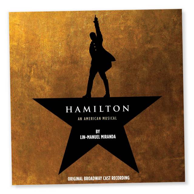 Cover of soundtrack to "Hamilton" the musical with a silhouette of a man with one armed raised standing on a star