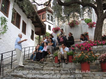 Professor Curcic lecturing on church towers in the monastic courtyard of Prodromos 2006