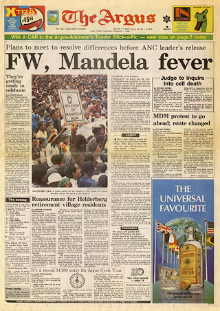 The Argus headline: FW, Mandela fever