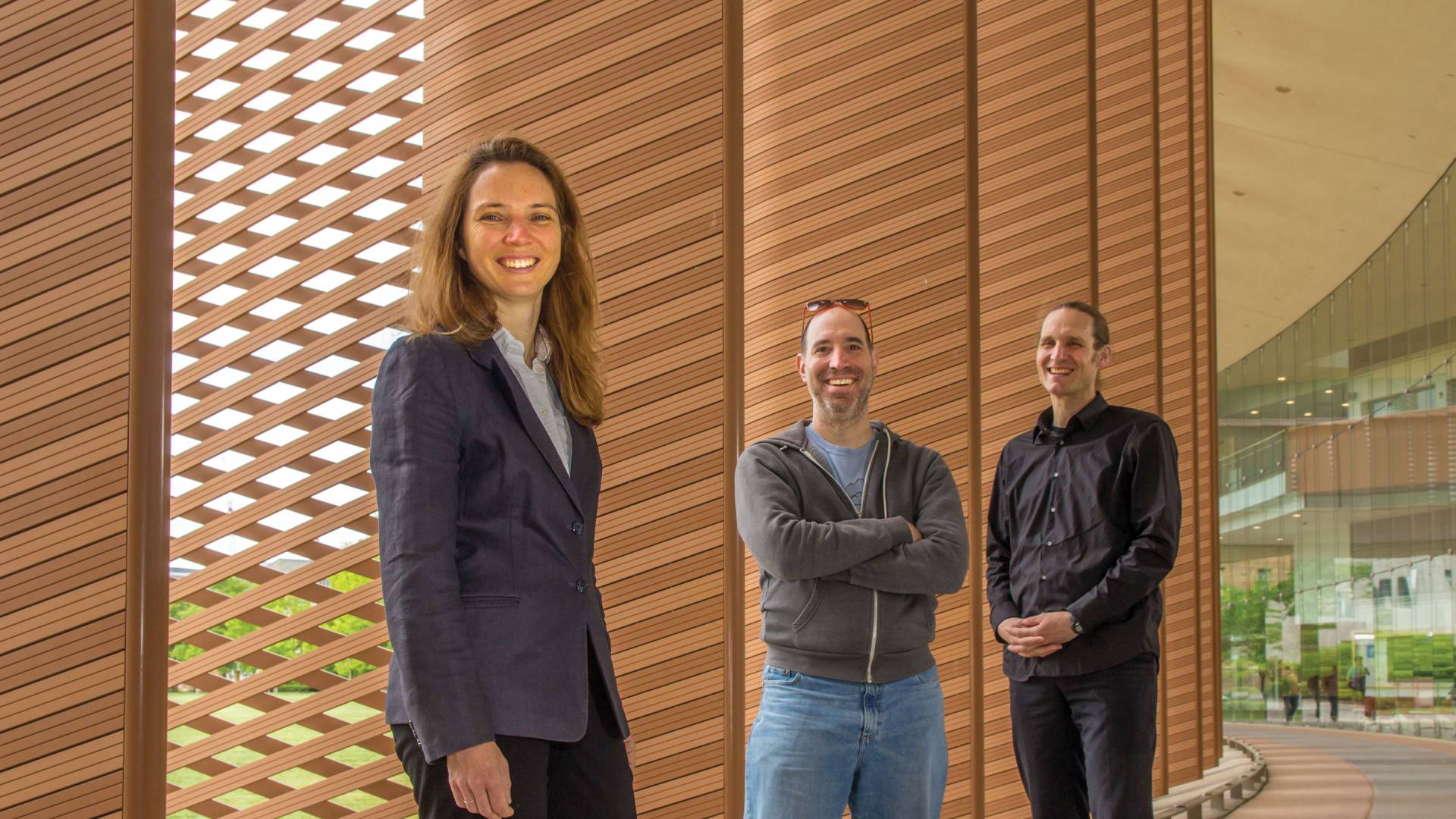 From left to right, Sigrid Adriaenssens of civil and environmental engineering, Adam Finkelstein of computer science and Axel Kilian of architecture are collaborating on novel ways to control the interaction of light and buildings to save energy.