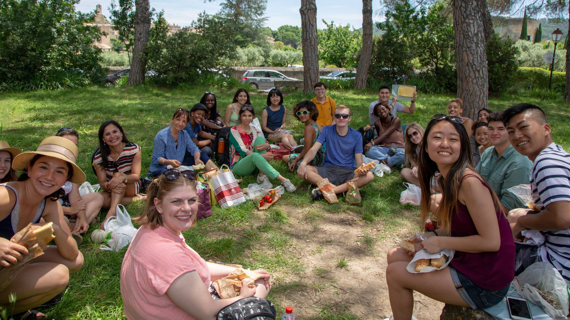 Students and faculty having picnic in France