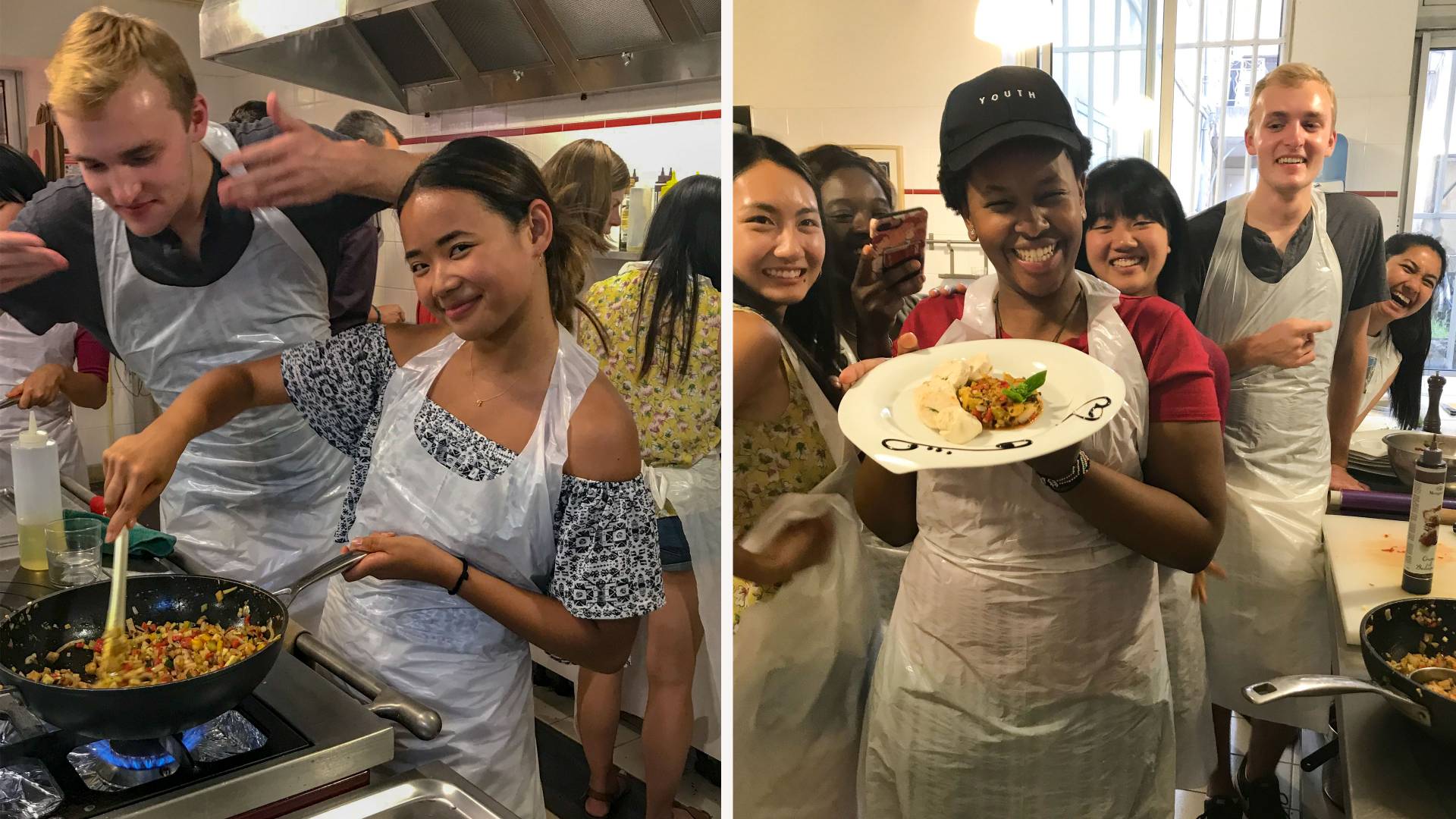 Split screen of students cooking in France