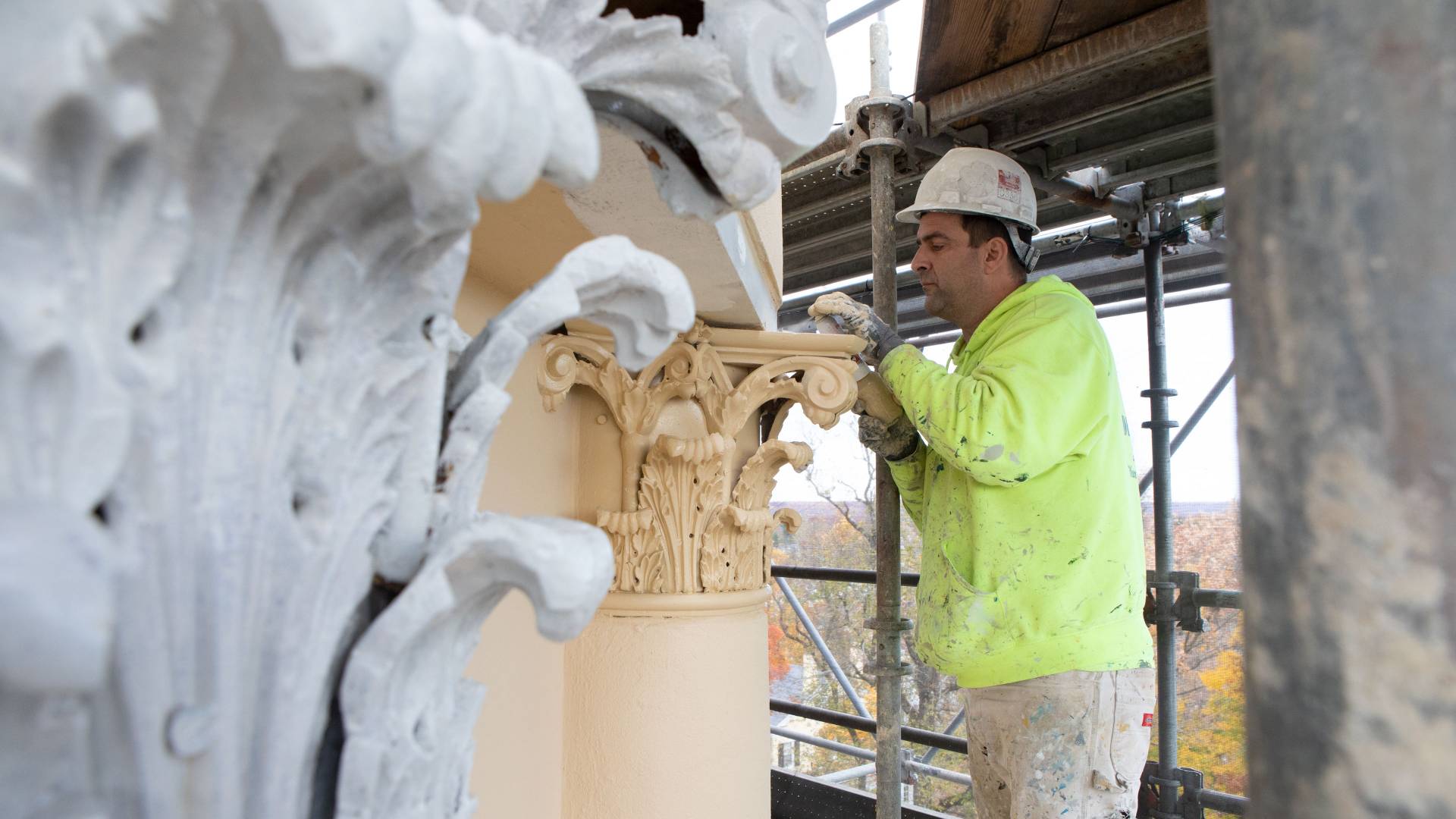 Working painting columns on Nassau Hall cupola