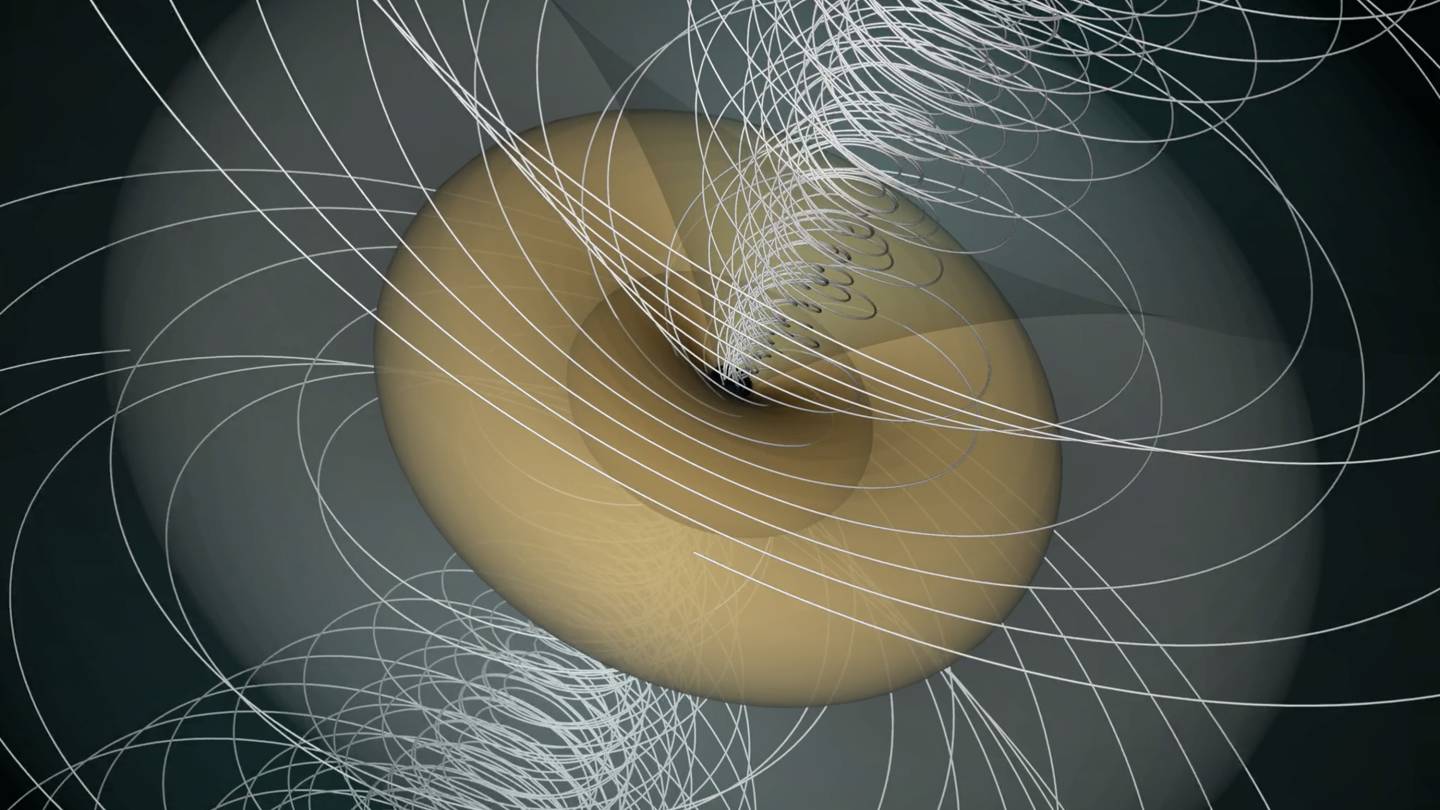Rendering of a black hole, showing magnetic field lines getting twisted by the black hole's rotation.