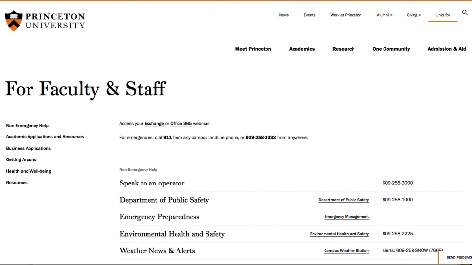 Screen shot of faculty and staff quick-links page on the new Princeton.edu design.