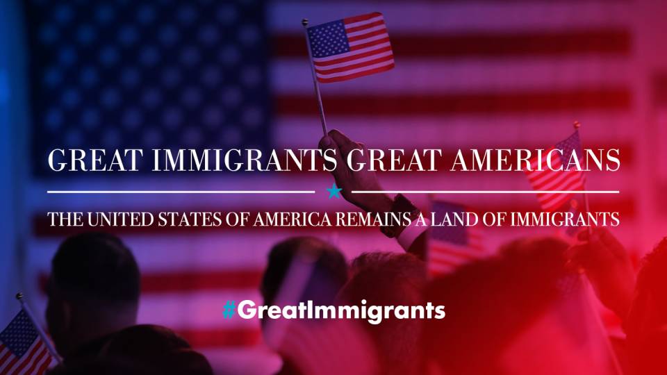 Image of American flag with text saying "Great Immigrants, Great Americans"
