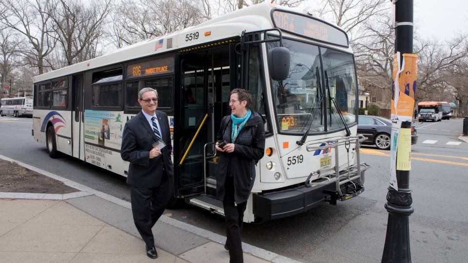 Dan Day and Andrea Graham ride the NJ Transit 606 bus to campus