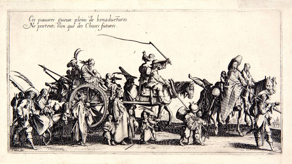 Etching of 17th century caravan of men, women, and children on foot, horseback, and wagon