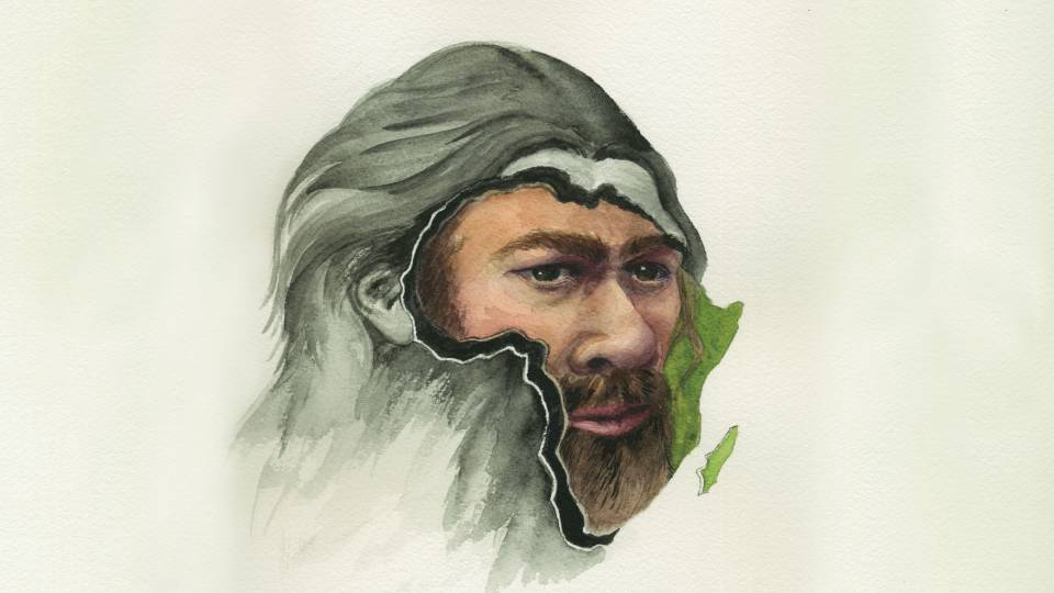face of a neanderthal man in an outline of the African continent