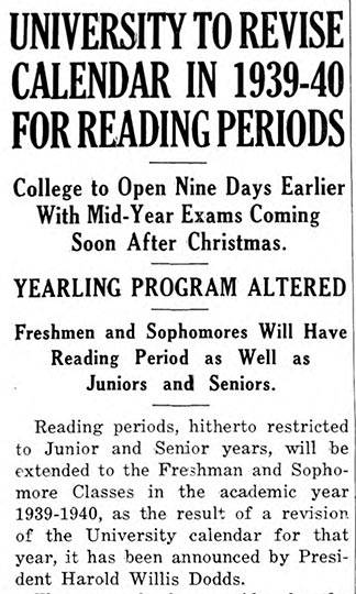 Reading Period Daily Princetonian Sept. 16, 1938 article excerpt
