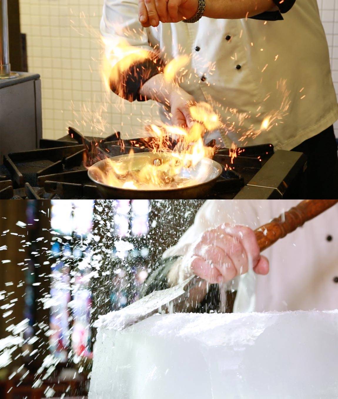 Hot and Cold making Bananas Foster and ice carving