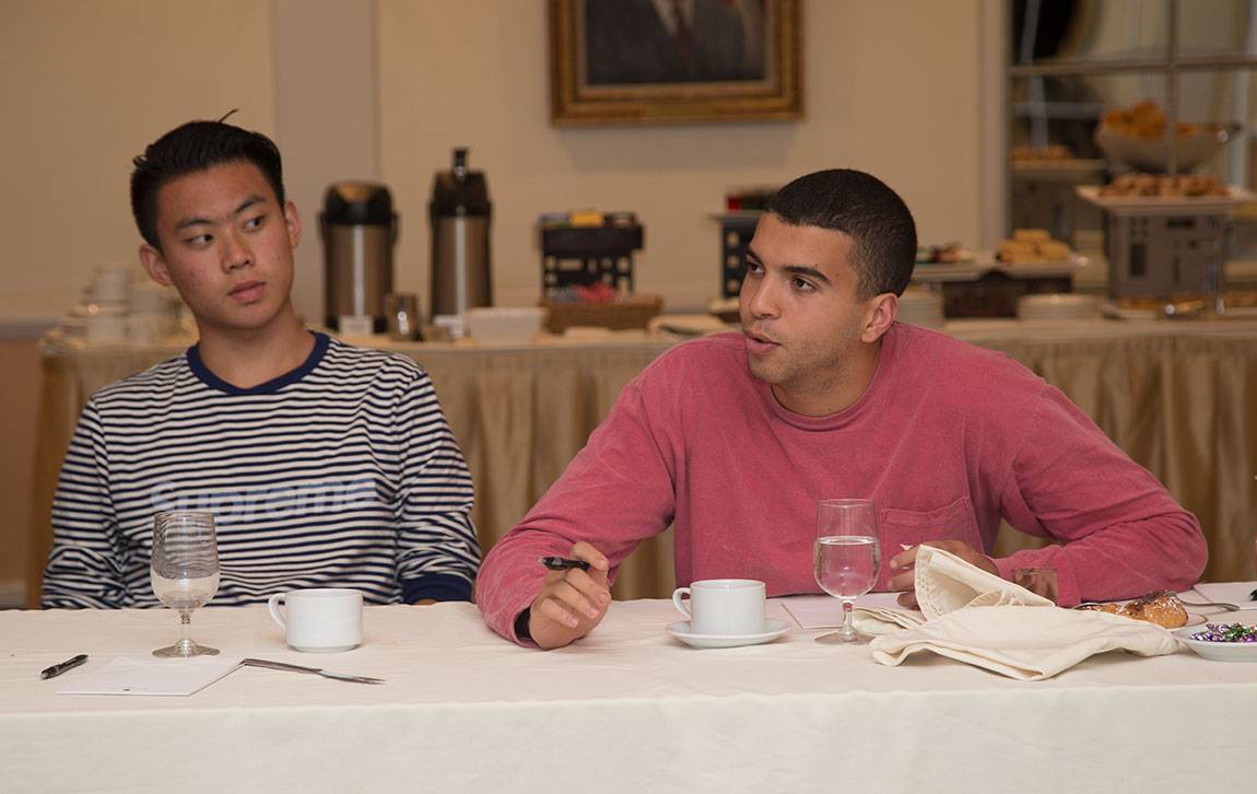 Princeton Start-Up Immersion Program Juniors Daniel Liu, left, and Anid Laoui, right, listened to a talk by Ro Gupta, founder and chief executive of a new company called Carmera and a 2000 Princeton alumnus