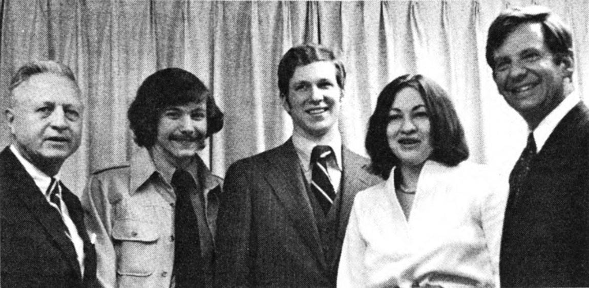 At Alumni Day in 1976, then-President William G. Bowen (from right) stands with Pyne Prize winners Sonia Sotomayor and J. David Germany; Eric Lander, Freshman First Honor Prize winner; and University Trustee R. Manning Brown