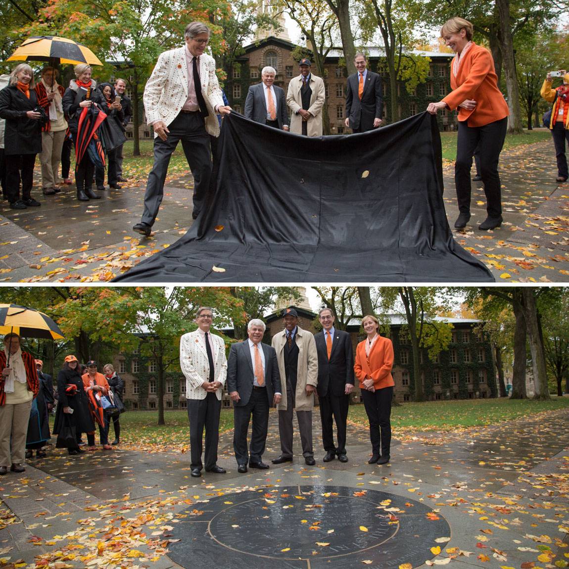 Charter Day unveiling of new medallion in front of Nassau Hall Jeffrey Wieser and Sara Judge with Robert Durkee, Brent Henry and President Eisgruber