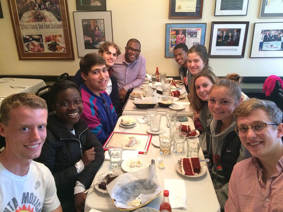 Wallace Best, professor of religion and African American studies (left rear), and students in his course ‘African American Religious History’ take a lunch break at the historic Sylvia's during a walking tour of Harlem. Senior Adam Hudnut-Beumler (bottom right) called the trip ‘an educational highlight of my time at Princeton.’