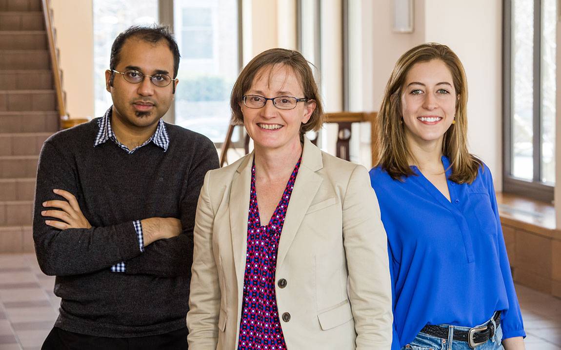 Princeton researchers including Professor Margaret Martonosi (center) and graduate students Yatin Manerkar (left) and Caroline Trippel have developed a tool that eliminates bugs by checking computer processor designs for memory issues. The tool is already leading to improvements in a major open-source chip project. 
