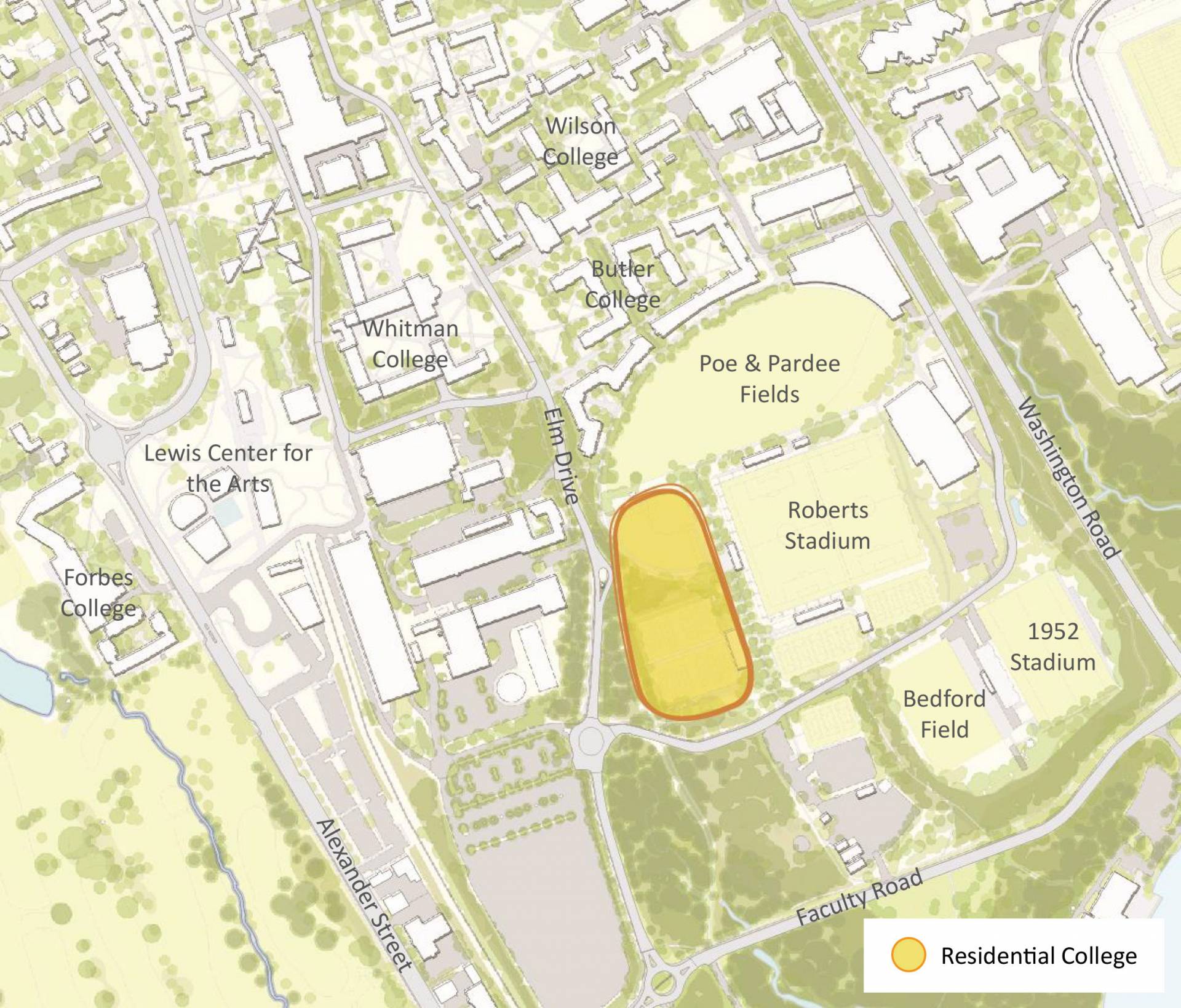 A map of the Princeton campus showing the potential site for a new residential college south of Poe Field and east of Elm Drive.