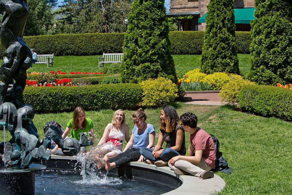 students at the Prospect Garden fountain