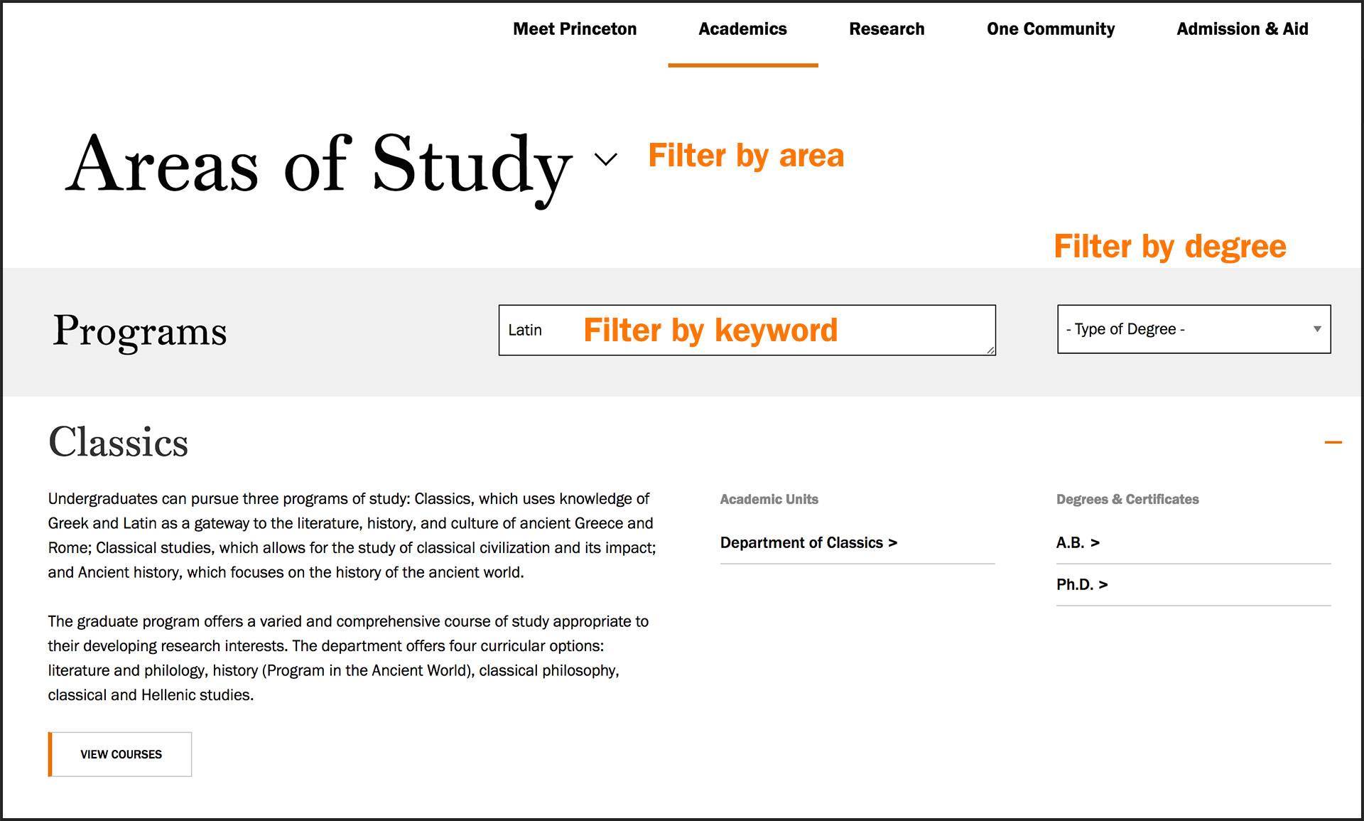 screengrab of the areas of study page, showing the exposed filters for topic, keyword and degree type