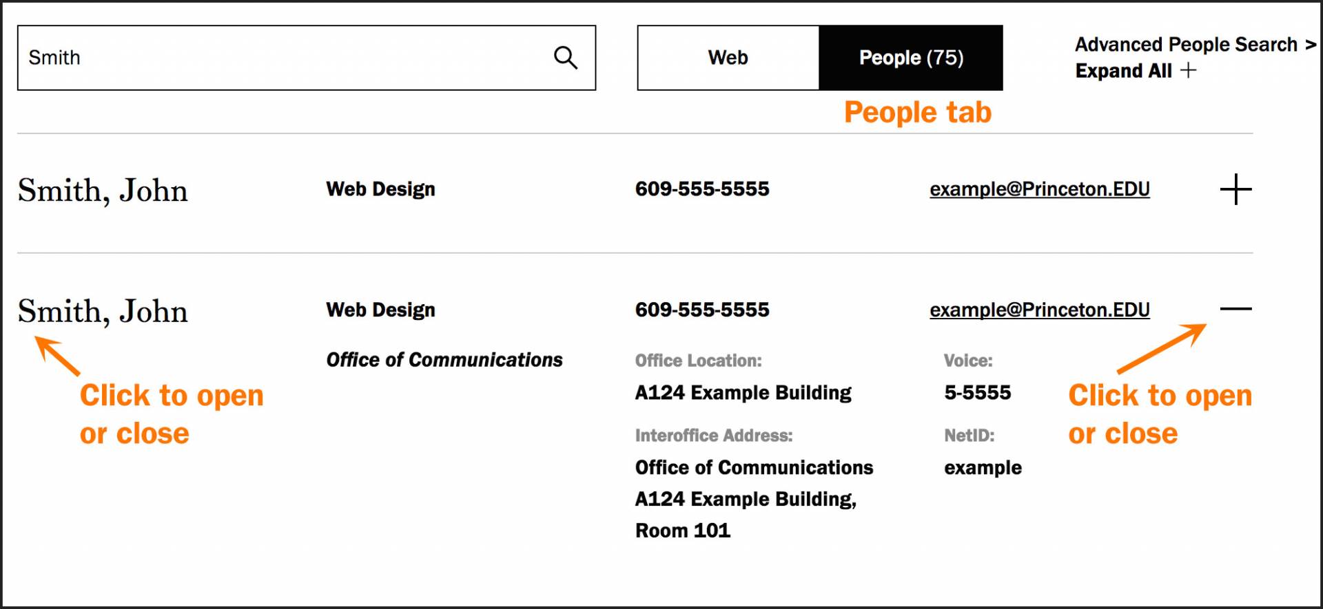screengrab of search people showing a user who has clicked on the people tab to reveal directory listings