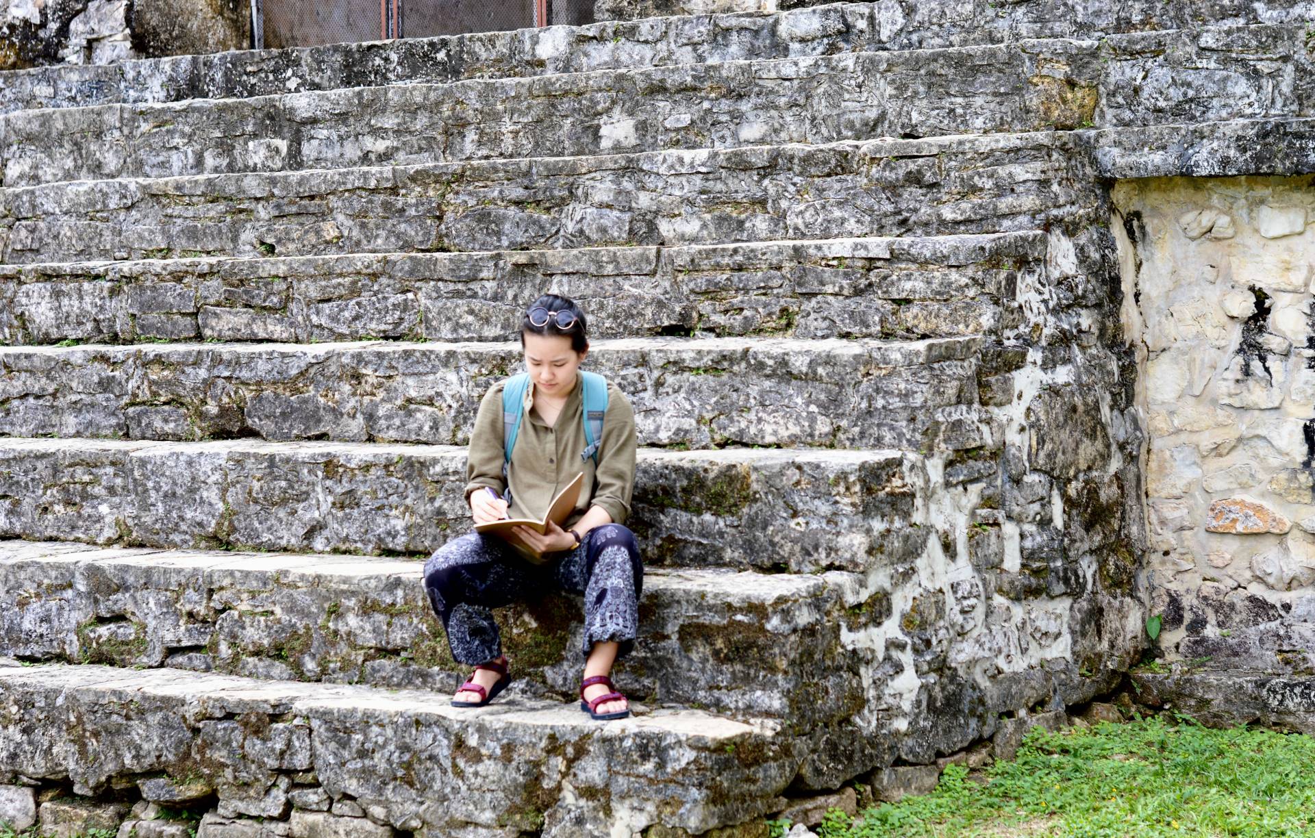 Crystal Wang sketching in the East Court of Palenque's Palace