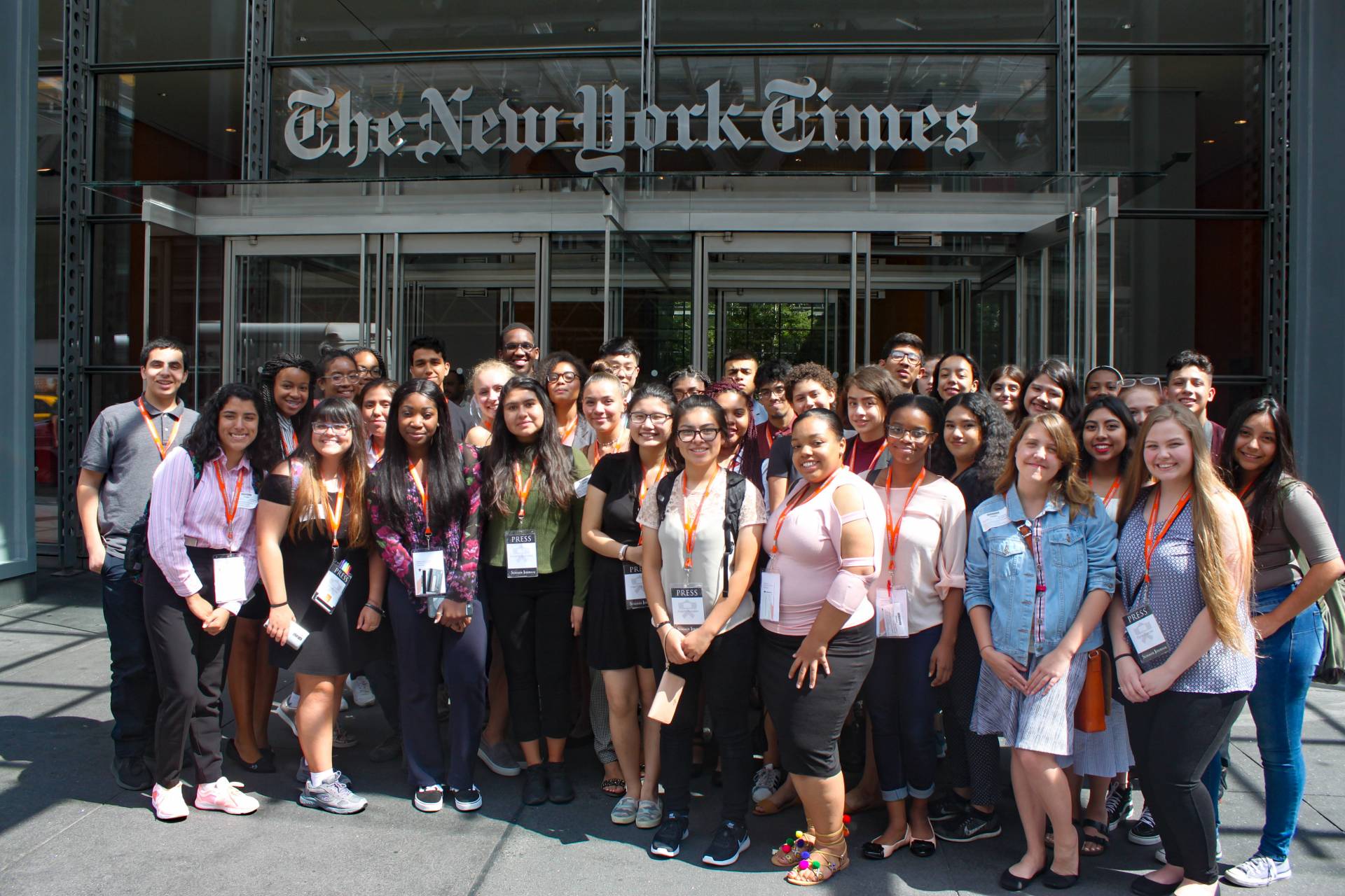 Students posing in front of New York Times building