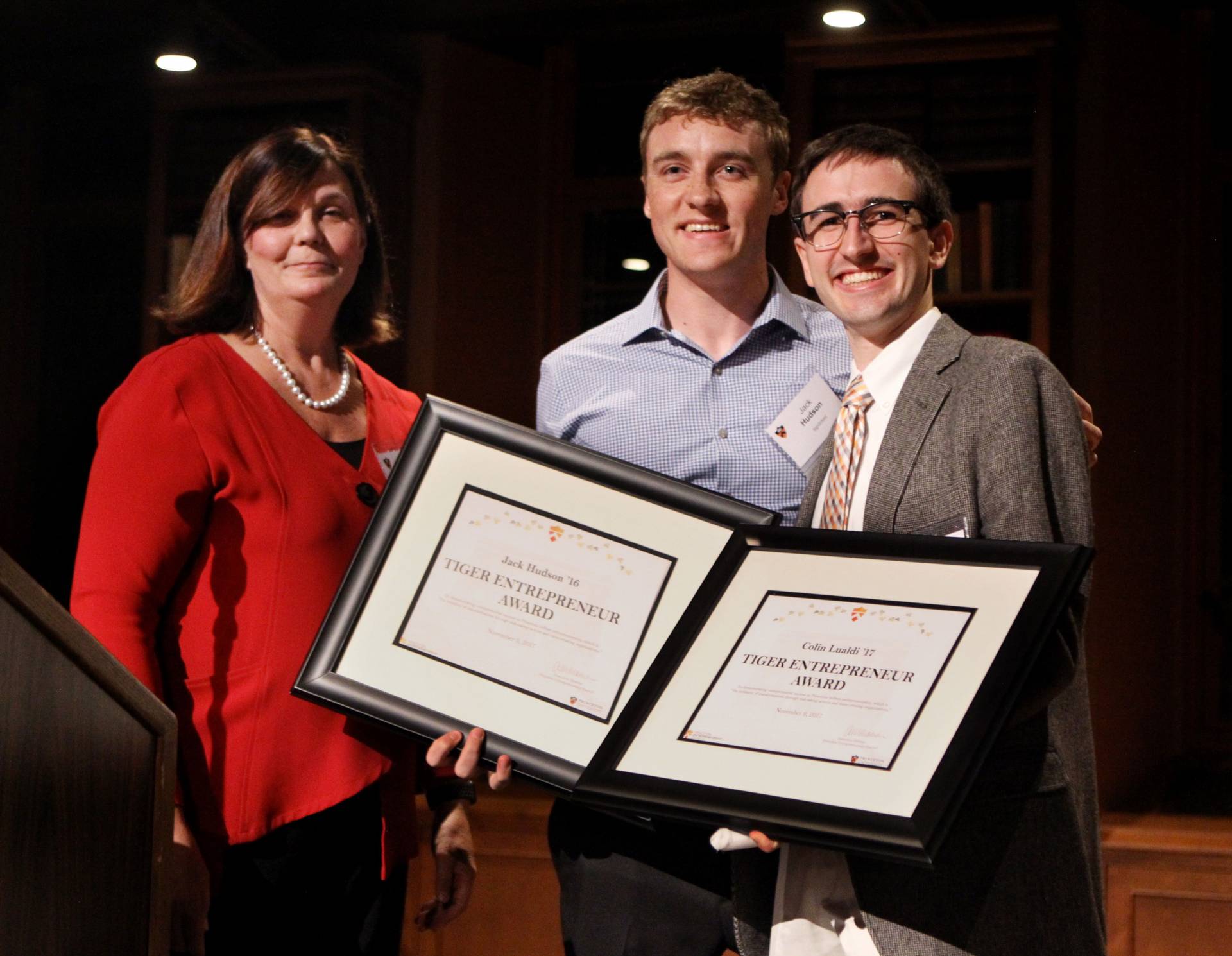 Anne-Marie Maman with princeton student award winners Jack Hudson and Colin Lualdi