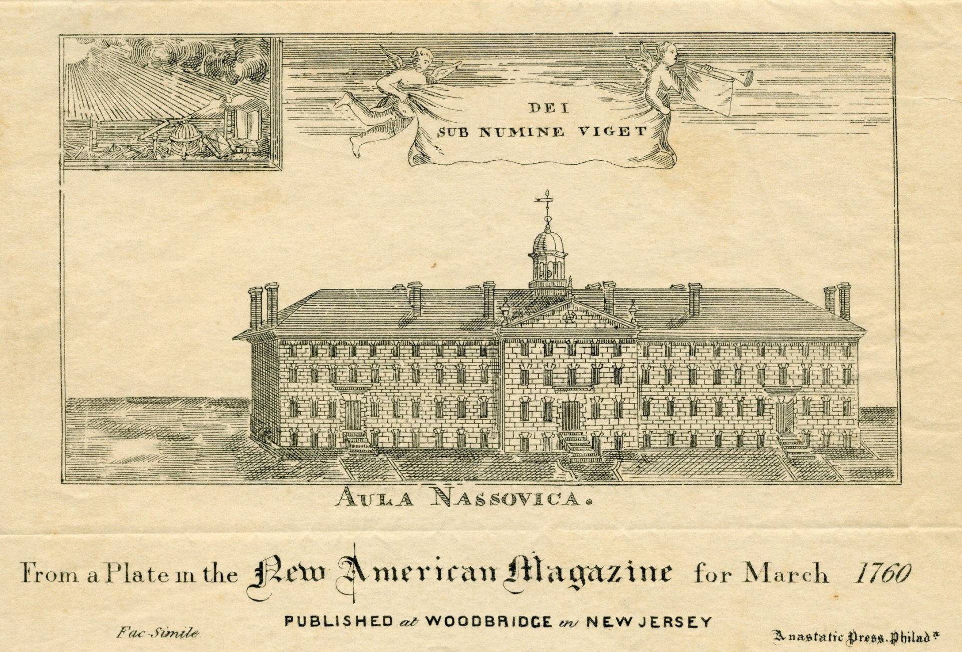 Old illustration of Nassau Hall from 1760