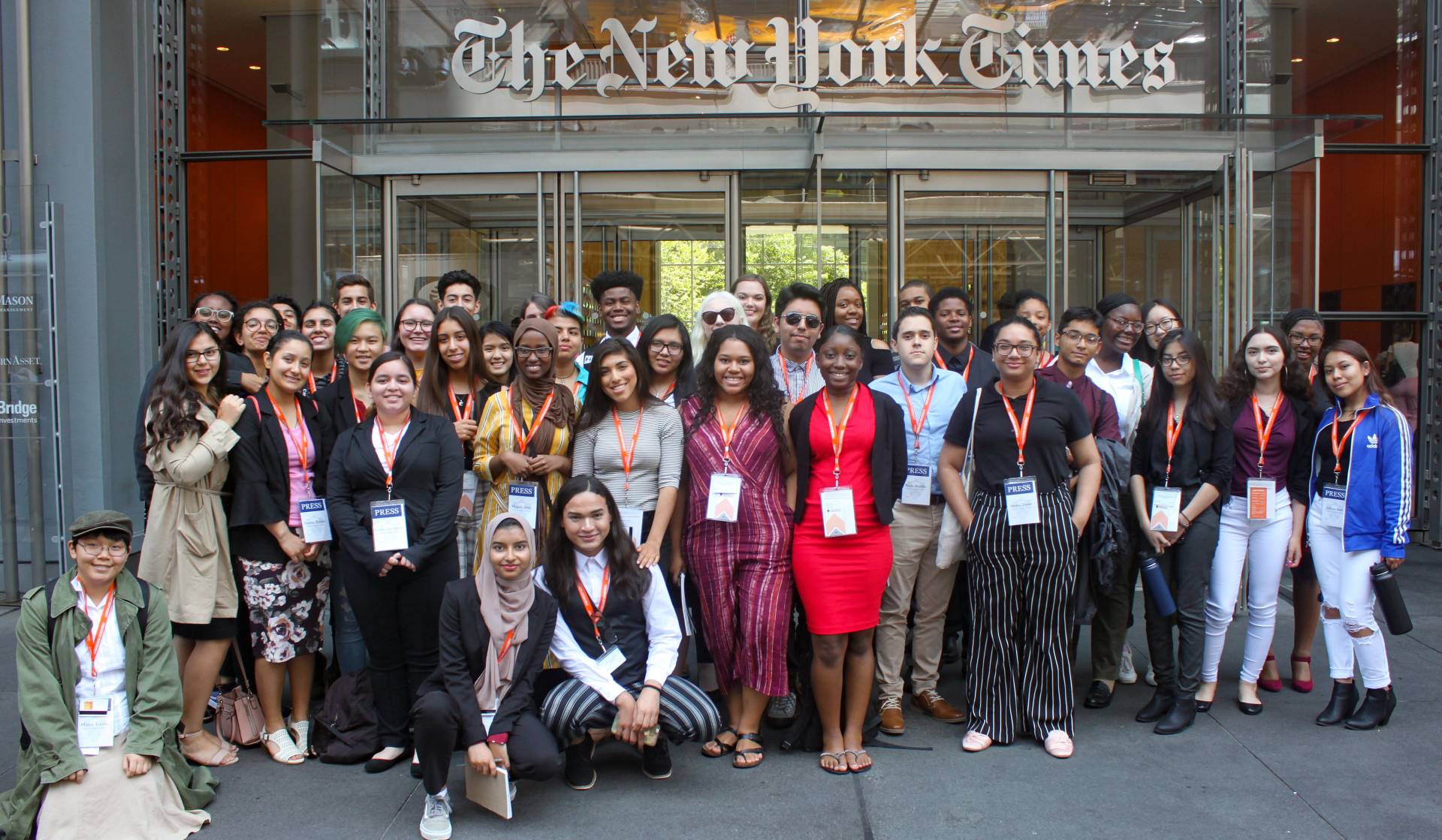 Summer Journalism Program students standing outside New York Times builiding