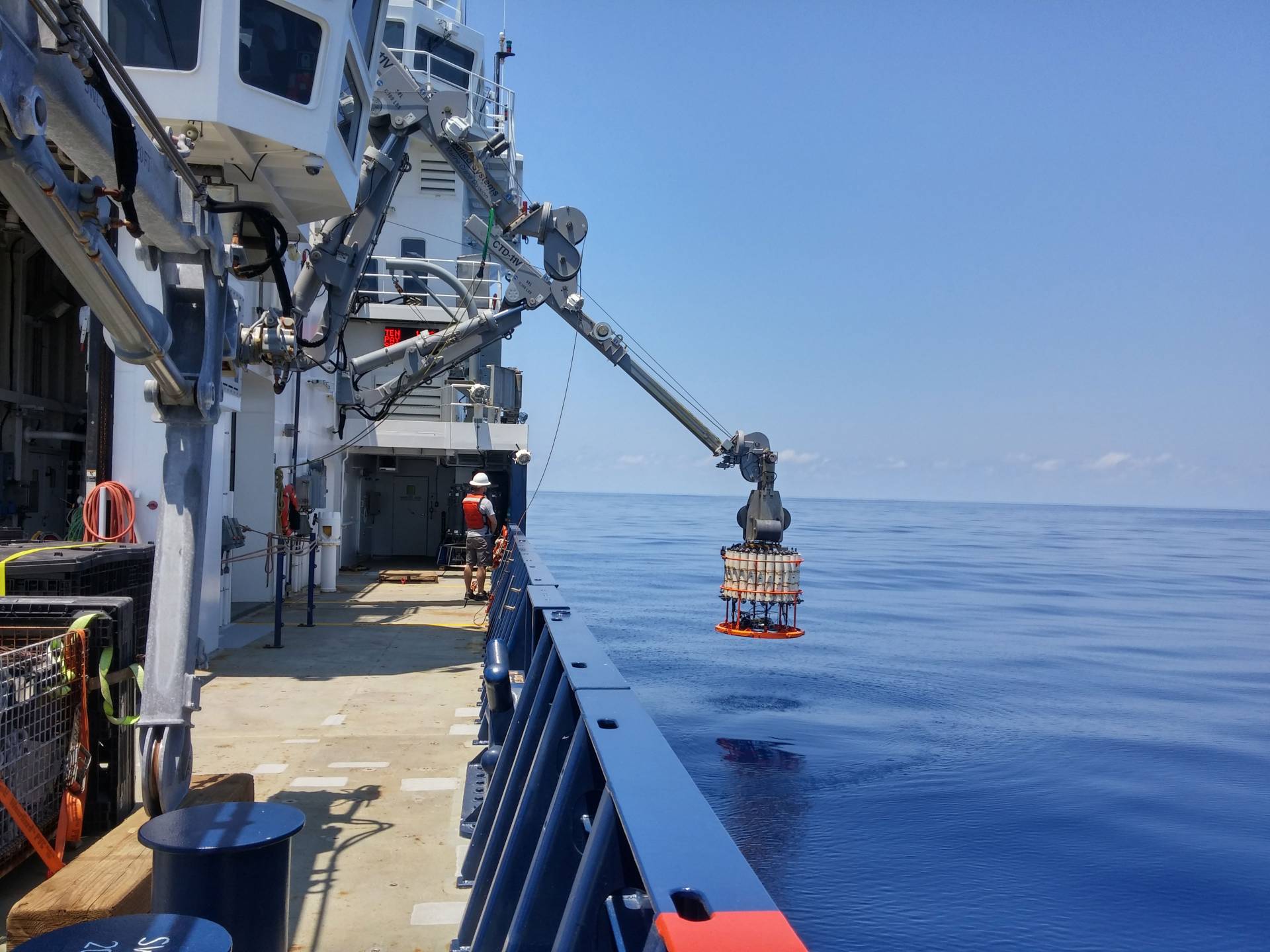 Ship raising sampling instrument from waters off western coast of Mexico
