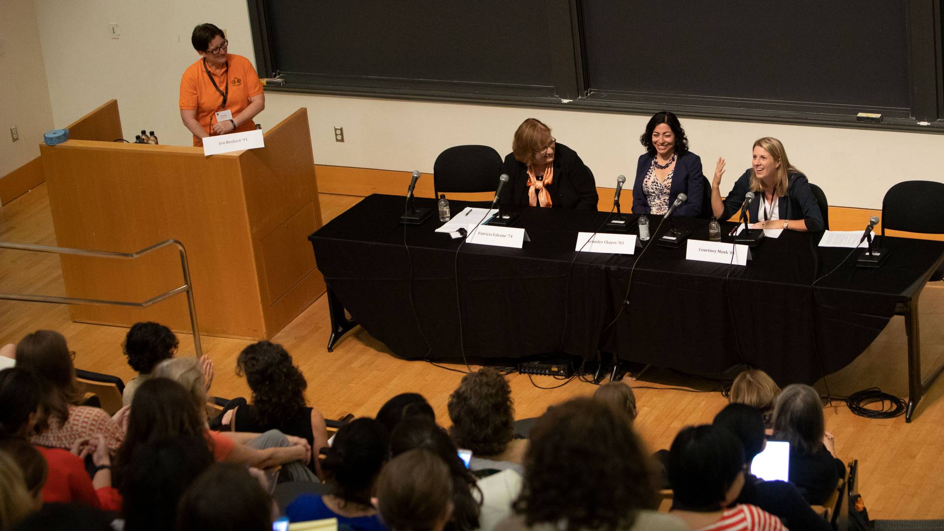 Jennifer Rexford '91 at podium; at table left to right:  Patricia Falcone '74, Jennifer Chayes *83, Courtney Monk '01