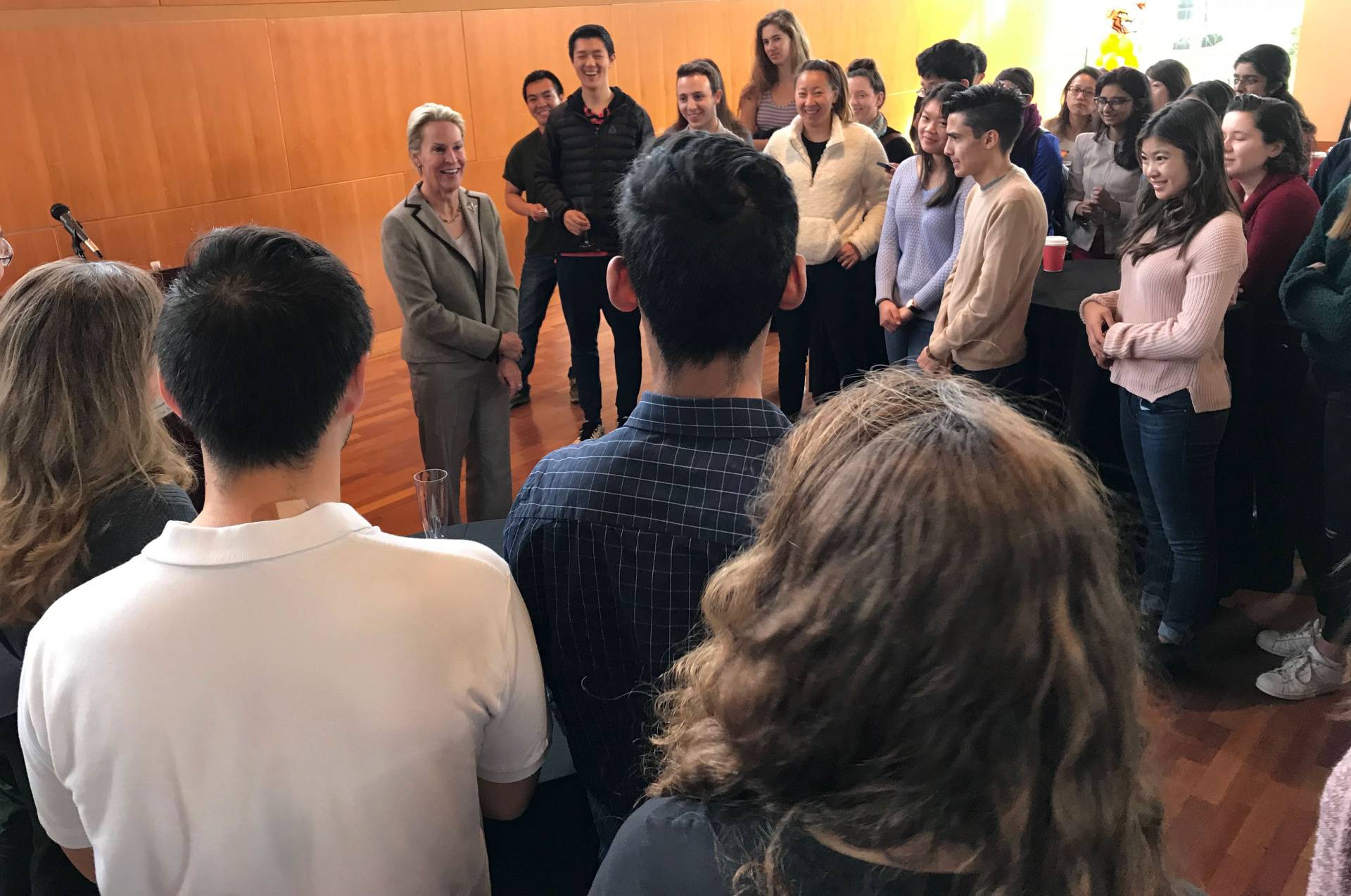 Frances Arnold speaking to engineering students