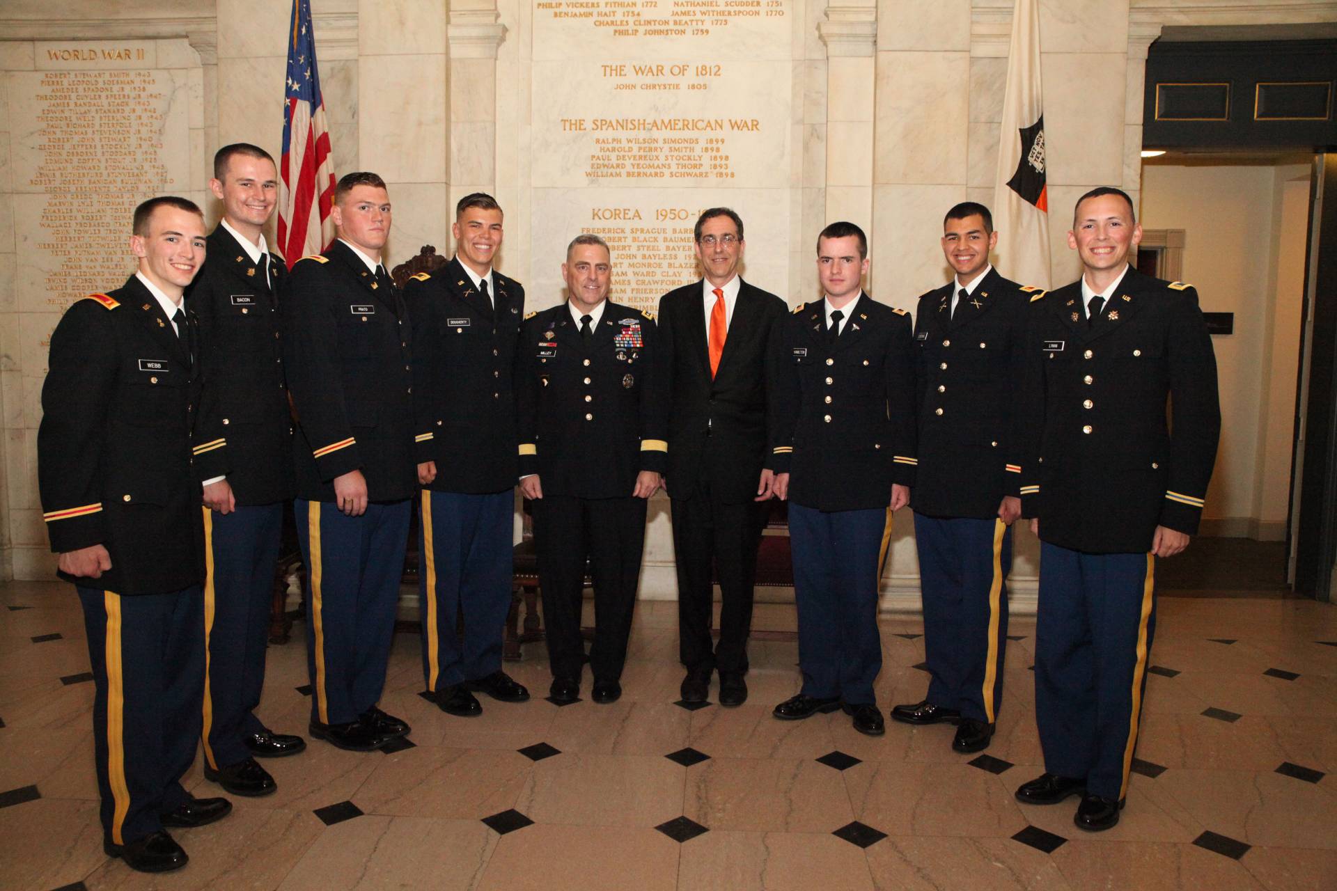 Cadets with President Eisgruber and General Milley in Nassau Hall vestibule