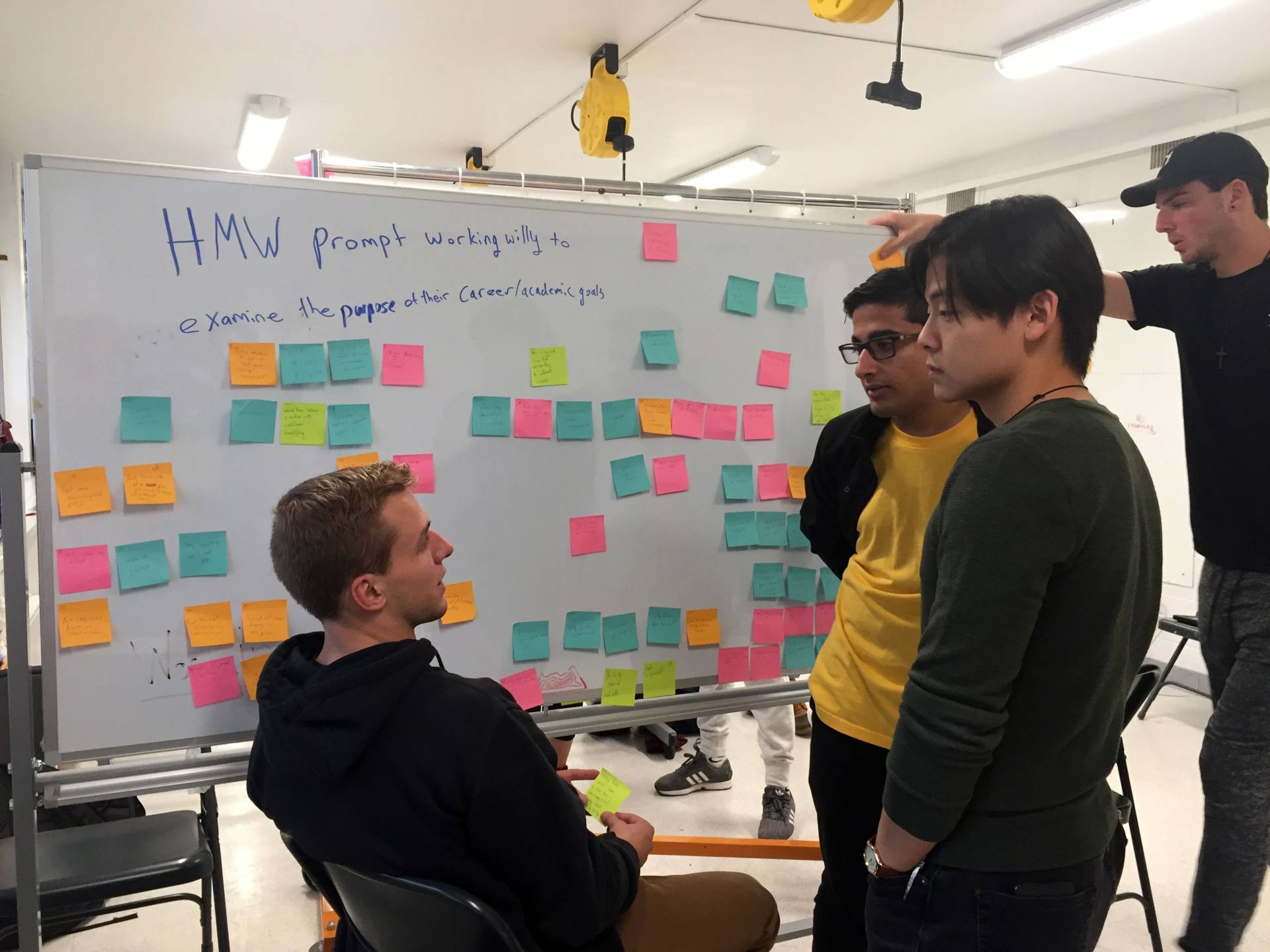 A team of students stands in front of a whiteboard covered in post-it notes