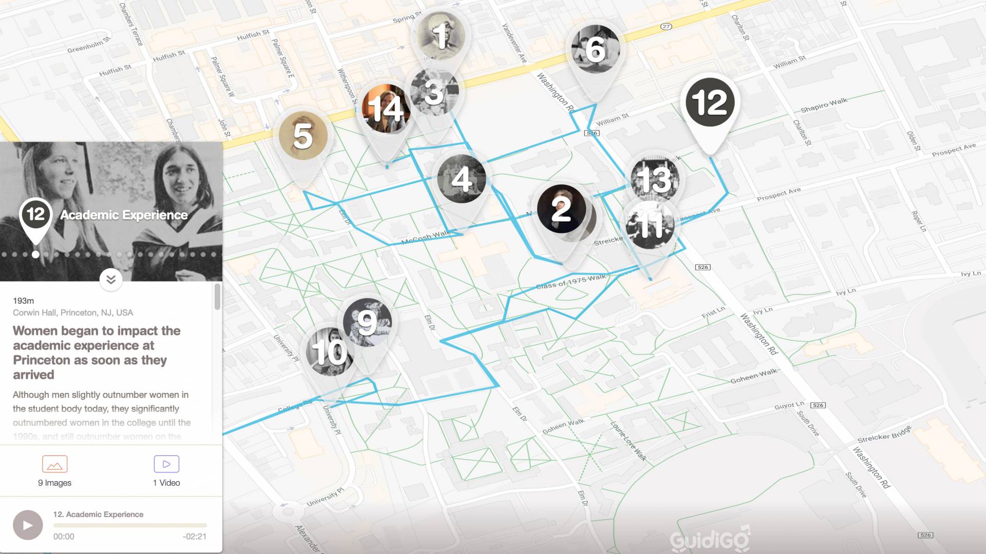 Screenshot of Academic Experience stop on walking tour map