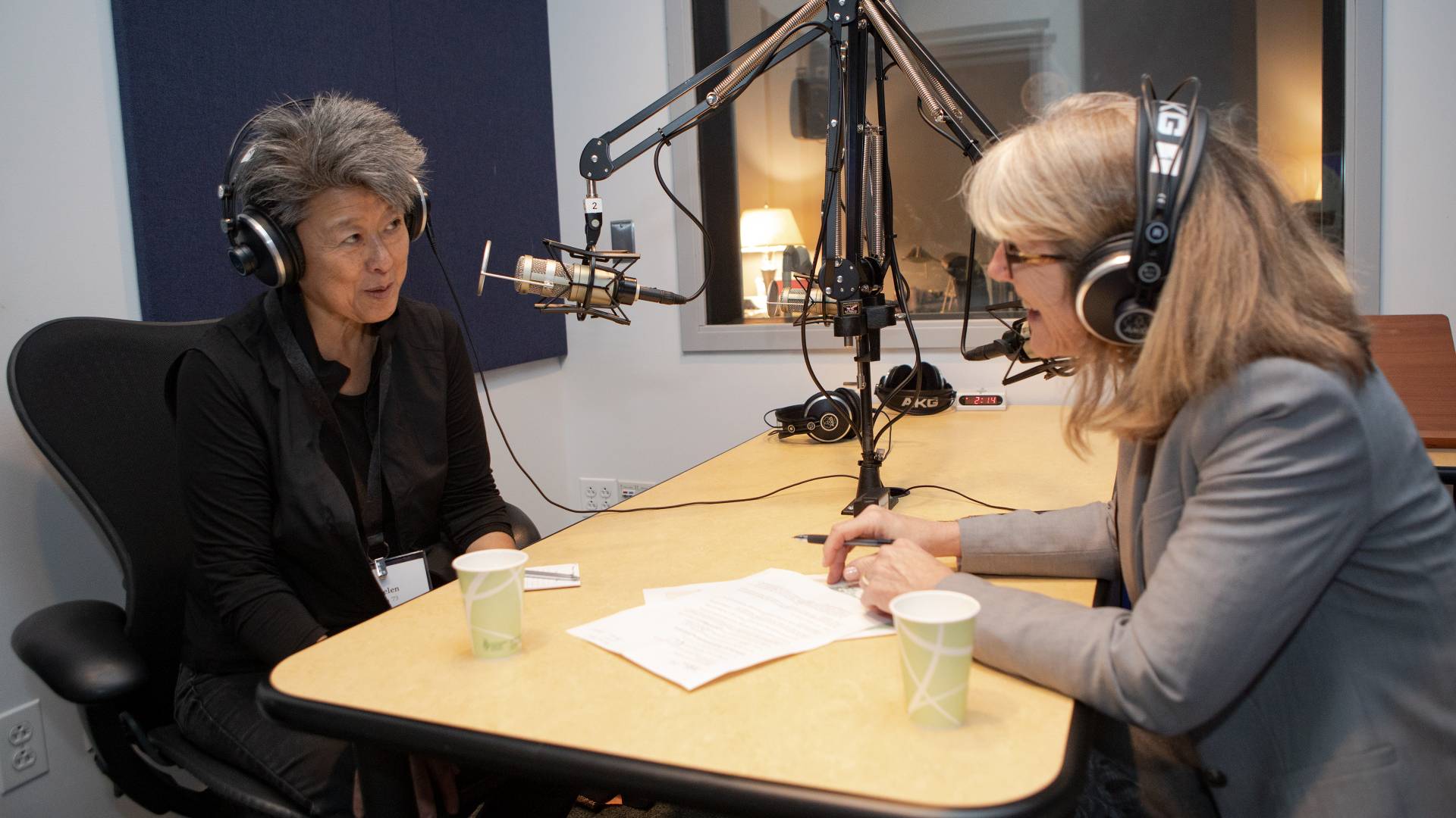 Helen Zia recording podcast with Margaret Koval