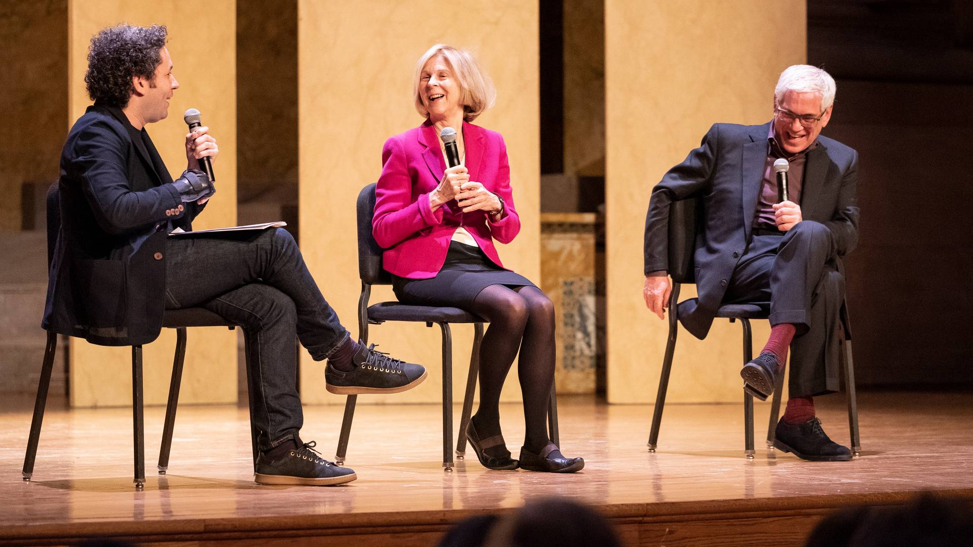 Gustavo Dudamel, Elaine Pagels and Alexander Nehamas sitting on stage